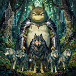 portrait of Princess Mononoke, wolves, fully clothed in armor, lush forest, neon, concept art, schematics, painted by norman rockwell, mucha, james gurney, high detail, denoised, sharp, architectural