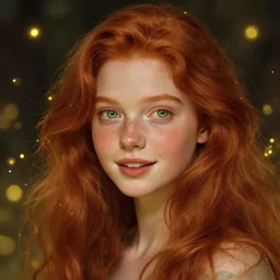 portrait of a red haired girl, long hair, green eyes, hint of freckles, beautiful round face, soft amazed smiles, among golden fireflies, highly detailed, deep focus, elegant, digital painting, smooth, sharp focus, golden ratio, illustration, ultra realistic, 8 k, art by artgerm and alphonse mucha