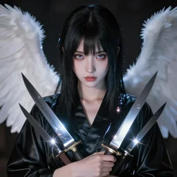 hd photo detailed portrait of angelic cg anime girl beautiful face and knives and synaptic glows wearing black silk leather robe photorealistic cinematic technoir shot with leica zeiss depth of field and lens flare in style of frank miller alex ross kentaro miura ito junji davinci trending on artstation flickr