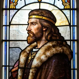 stained glass window, detailed side - view portrait of a confident man, long hair, full beard, golden headband, fur coat, masterful, backlit