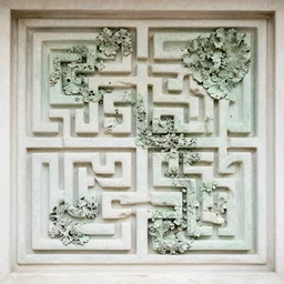thin lines, fractals, lichen macro, serpentine twisty maze, carved soapstone ceiling relief paneling white and pale green, gaudi