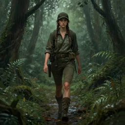 a girl in the form of a hunter walking through a rain forest, gloomy picture, illustration, highly detailed, digital painting, concept art, art by wlop, masterpiece