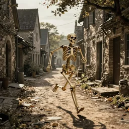 skeleton running in a old village street by greg hildebrandt