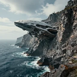 stunning landscape photography of a crashed alien attack fleet next to a craggy ocean cliff. cinematic. stunning composition. alien technology