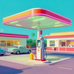 vaporwave painting of a gas station in the 50s, digital art