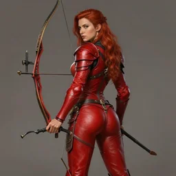 Female archer, dnd, d&d, leggins, red skintight leather armor, red hair, looking from behind, visible face!, beautiful face, toned derriere, high fantasy, realistic!, matte painting, by wlop, by tomasz alen kopera