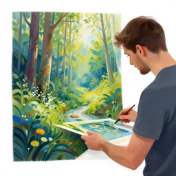 a man printing the nature in color, amazing digital painting, illustration, abstract, in the style of gret rutkowski, white background, amazing detail