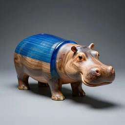 a photo of a model hippo made of repurposed elm wood composite mixed with straight lines blue epoxy resin, wood, studio zeiss 1 5 0 mm f 2. 8 hasselblad, award - winning photo, epoxy resin, dramatic lighting, full subject shown in photo