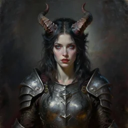 a hauntingly beautiful woman with horns and armor, painted by artgerm and tom bagshaw, fantasy art, dramatic lighting, highly detailed oil painting