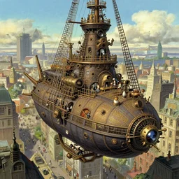 steampunk airship above a busy city, exquisite details, denoised, mid view, by norman rockwell, karl kopinski, artsation, greg rutkowski, makoto shinkai, takashi takeuchi, studio ghibli