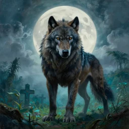 by frazetta ,close up of very detailed realistic oversized werewolf , in front of the moon , full body backlight ,top light ,full body portrait ,highly textured oil painting ,jungle ,cyan graveyard  with backlight from the moon ,foggy background ,with  dramatic sky ,clouds and giant oversized moon and storm
