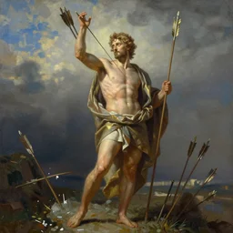 photo of st sebastian full of broken arrows in the style of wayne d barlowe