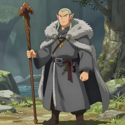 A Half-orc Druid wearing a long grey fur robe, holding a wooden staff, anime style