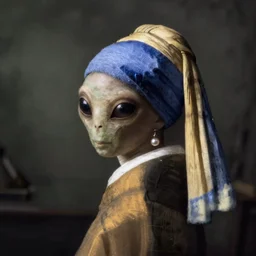 [ alien with a pearl earring ]!! johannes vermeer trending on artstation intricate hd 4 k dreary gloomy grim tired bleak wide angle focus blur