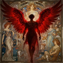 hyperdetailed picture of a man with red glowing wings, dark, digital painting, sharp focus ilustration, artstation hq. intricate, elegant. wlop, greg rutkowski, alphonse mucha, dan mumford, rossdraws, marc simonetti. incredible background by repin. full height. louise zhang. decollage. assemblange. cgsociety. impressionism