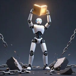 humanoid robot standing on broken chains, holding up a glowing book triumphantly