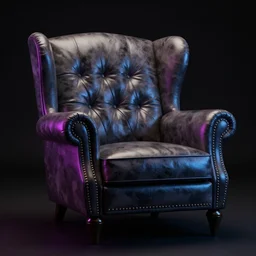 a comfortable leather armchair, intricate details, neon lights, black background, octane render
