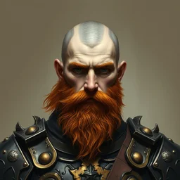 a ginger bearded fantasy young dwarf warrior, black and bronze plate armor, trimmed beard and half shaved head, minimalist portrait by alex horsey and daniel docciu and dave dorman and jeff easley