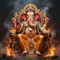 Ultra realistic digital artwork of a possesed ganesha sitting in a perfect baphomet pose on a burning throne with smoke and ash floating away, improboble ammouunts of detail and accuracy, biblical art style, mana art, prophetic art, ultra detailed, high coherency, DSLR HDR 8k, by Simon Wong of Artstation