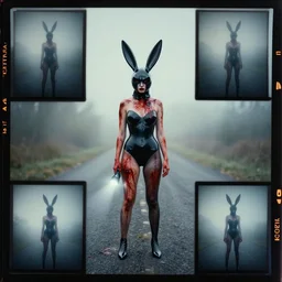 kodak portra 4 0 0, wetplate, flashlight, 8 5 mm carl zeiss, blueberry, award - winning colour portrait by britt marling : picture of astanding woman in a road creepy, wearing a latex rabbit costume and covered un blood, unsetling, quadratic picture frames, haze, wallpaper, fog, no people