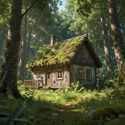 a cottage in a forest, rendered by simon stalenhag, beeple, makoto shinkai, syd meade, environment concept, digital art, unreal engine, wlop, trending on artstation, low level, 4 k uhd image, octane render,