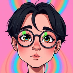 cute portrait of a round headed young man with black hair and circular glasses, psychedelic chibi art, trending on artstation, taken at an angle, facial symmetry, his eyes are made of melting rainbows,