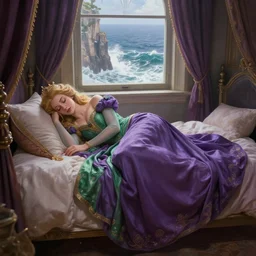 a hyperdetailed matte painting of triss merigold as a princess asleep on a bed in a tower, long purple and green dress, sleeping princess!!!!, window that overlooking cliffs and crashing waves in the background, highly detailed, deep focus, elegant, digital painting, smooth, sharp focus, ultra realistic, 8 k, art by greg rutkowski and rembrandt and alphonse mucha