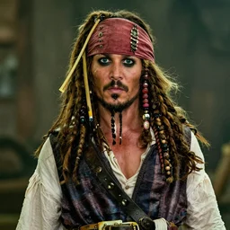 jack black as jack sparrow in 2 0 0 3 film the pirates of the caribbean, cinematic film still, cinematic portrait