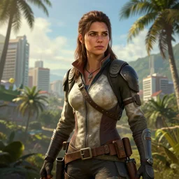 fallout 5, charismatic beautiful rugged brunette female protagonist, portrait, outdoors tropical cityscape, atmospheric lighting, painted, intricate, volumetric lighting, beautiful, daytime, sunny weather, few clouds, sharp focus, deep colours, ultra detailed, art by krenz cushart and wenjun lin