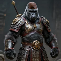 gorilla warrior, wearing ancient armor, beksinski, ruan jia,