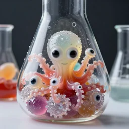 a glass lab flask filled with tetrachromacy closeup hard alien candy crystals alive slimy tentacles many tiny eyeballs very tasty studio lighting 8 k