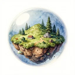miniature island inside a bubble floating in space, drawing, watercolor, intricate linework, stunning artwork, highly detailed, trending on artstation