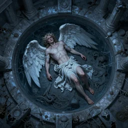 a disheartening, intricate, mournful, vengeful illustration of the fallen angel lucifer, imprisoned inside cocytus, in the ninth and lowest circle of the underworld, from dante alighieri's divine comedy, extreme long shot, aerial view, blue hour, sharp, detailed picture, world - renowned illustration, trending on artstation, sadpeople aesthetic