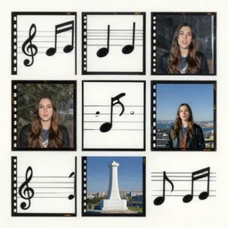 collage style, acrylic paint, film photographs, graphic style music notes and photographs of symphony performances, symphony members during performance, layered