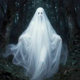 in the style of artgerm, thomas kinkade, female ghost, flowing dress, symmetrical face, symmetrical eyes, in the woods, moody lighting, dark fantasy