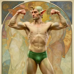 male elf in a speedo flexing his muscles, abstract background, alphonse mucha, rhads, ross tran, artstation, artgerm, octane render, 1 6 k