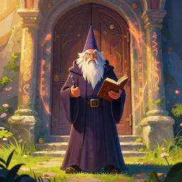 an angry old wizard facing the camera in robes holding a magical book standing in front of an elaborate ancient wooden closed door, beautiful colourful fantasy rendering, colorful, grass, stone steps, glowing runes, morning, golden hour, inspired by art of James Gurney and Greg Rutkowski