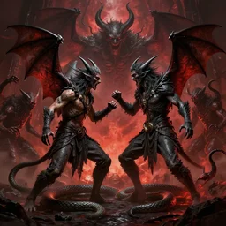 digital art of two headed man, on three headed bat with snake tail, battling against demons in hell by hideo kojima, concept art, ultra detail, fantasy, game, 4 k, horror, surreal