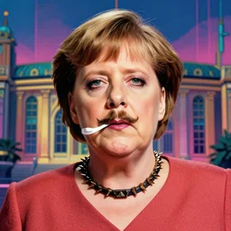 portrait of glamor roman god | angela merkel | spike collar | ( ( ( ( toothbrush mustache ) ) ) ) | parliament background | highly detailed | very intricate | professional model | cinematic lighting | painted by donato giancola and mandy jurgens and charlie bowater | bold colors, artdeco, art deco synthwave anime aesthestic, 8 0 s nostalgia | artstation