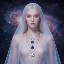 a portrait of a galaxy as an androgynous druid spirit wearing five necklaces of moons and stars, draped in transparent cloth, flat colors, occult, minimal, swirly, bust by alphonse mucha, decorative art deco border, astrophotography, vast cosmos, fine illustration, trending on artstation