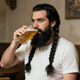 Jean Giraud art long black two braided beard thick eyebrows colin farrell with black hair drinking a pint of beer