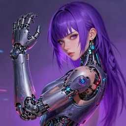 A beautiful painting of a cyberpunk anime girl with purple hair and an a huge robot arm sensual stare, augmentations and cybernetic enhancements neon circuits, by Stanley Artgerm Lau, WLOP, Rossdraws, James Jean, Andrei Riabovitchev, Marc Simonetti, and Sakimichan, trending on artstation, hyperrealist, cinema4D, 8k highly detailed ❤️‍🔥 🔥 💀 🤖 🚀