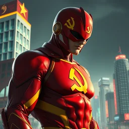 highly realistic digital painting of a superhero, red and yellow costume colors, hammer and sickle emblem, ho chi minh city, modernist buildings, highly detailed, digital painting, artstation, concept art, smooth, sharp focus, illustration, unreal engine 5, 8 k, art by artgerm and greg rutkowski and edgar maxence