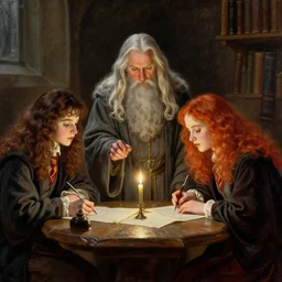 gandalf and hermione studying magic, highly detailed painting by gaston bussiere, craig mullins, j. c. leyendecker 8 k