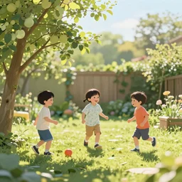 kids in the garden are playing, sun breaks through the apple tree, green everywhere, sun, happy, joy, 4k, ultra details, cinematic, epic style, beautiful photo, hyper realistic, octane render, unreal engine, award winning, on artstation, volumetric lightning, masterpiece, golden hour,