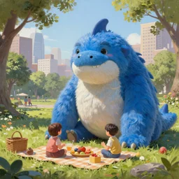 adorable anthropomorphic gigantic cerulean furry leviathan monster, having a picnic with andre the giant in a park surrounded by a city, rpg reference, oil painting, trending on artstation, octane render, insanely detailed, 8 k, hd