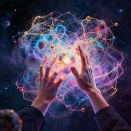 letting go of reality and experiencing the quantum feild, matte painting comic book art, cinematic, highly detailed, realistic, beautiful cosmic neural network, octane render, unreal engine, depth of field, trending on artstation, sharp focus, improbable splashes of colors