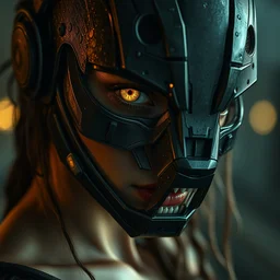 sexy beautiful woman with yellow snake eyes, head made of mech mask rendered in unreal engine, movie shot from the witcher, cyberpunk universum, dark scifi, painted by carne griffiths and beksinski