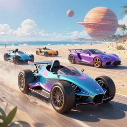 Psychedelic Vporwave Futuristic Hover Cycle GP 1 Races On Planet Venus, beachfront environment, luxury concept cars in background, beautiful aesthetic, photorealistic, hyperrealistic, octane render, HDR, IG Studios Anime Style
