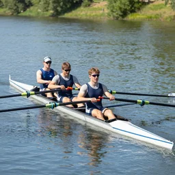 college male rowers in shell rowing in calm river on bright summer day, greg rutkowski, edward robert hughes